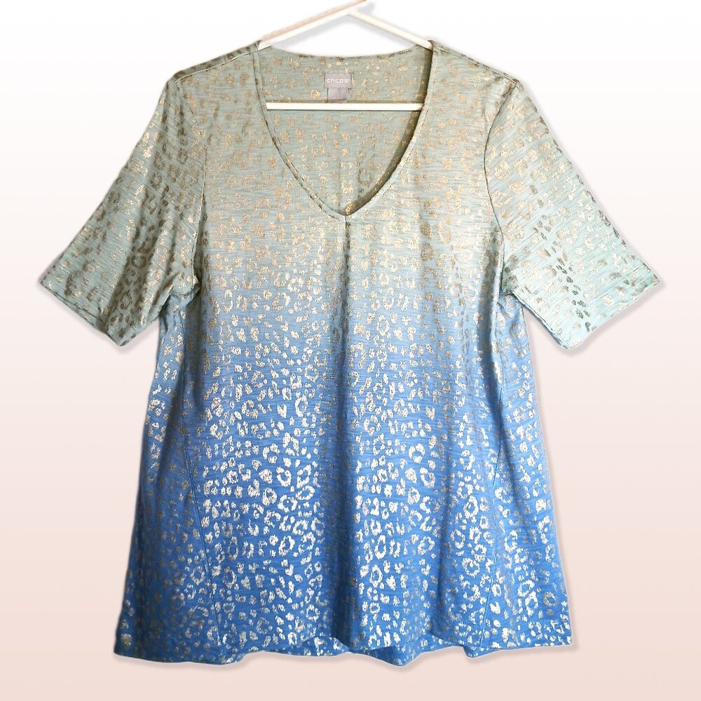 Chico’s Jersey V-Neck Knit Tunic Blue Ombre Sparkle Gold Animal Print Size L-XL